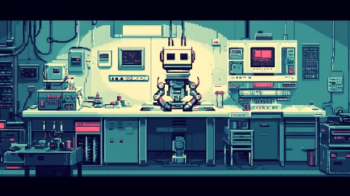 Pixelated Robot in Vintage Tech Lab