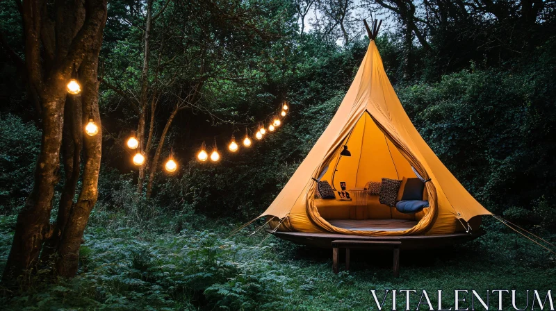 Forest Glamping Tent with String Lights AI Image