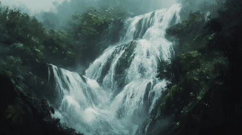 Majestic Waterfall in Dense Greenery