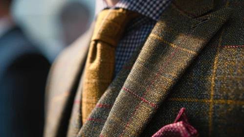 Elegant Man's Tweed Jacket with Yellow Tie and Checkered Pattern
