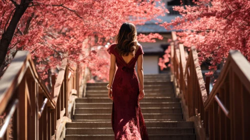 Elegant Red Dress Walking Down Stairs in Cherry Blossoms