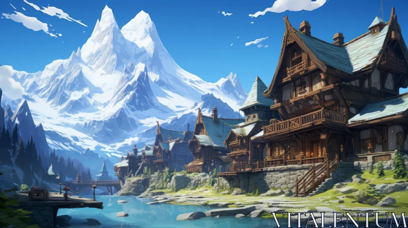 Enchanting Mountain Village with Serene Water Feature AI Image