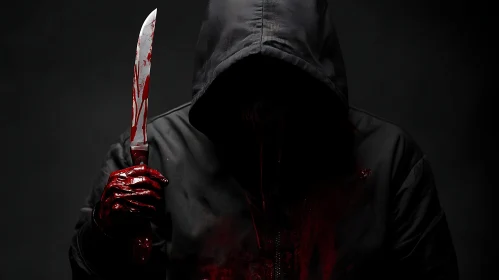 Sinister Hooded Figure with Bloody Weapon