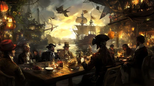 Sailors in Harbor Tavern at Sunset