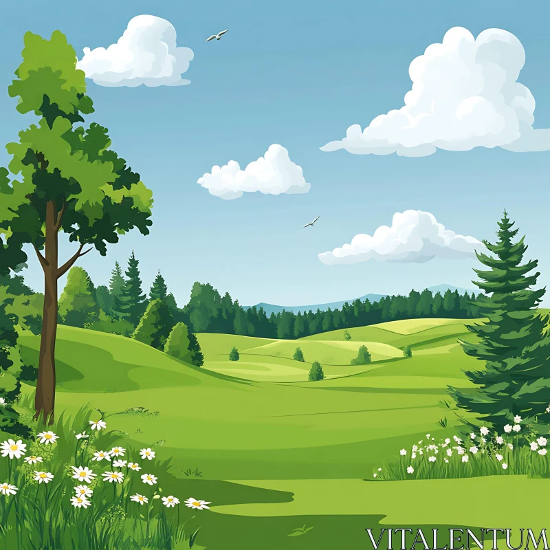 AI ART Cartoon Green Field with Flowers