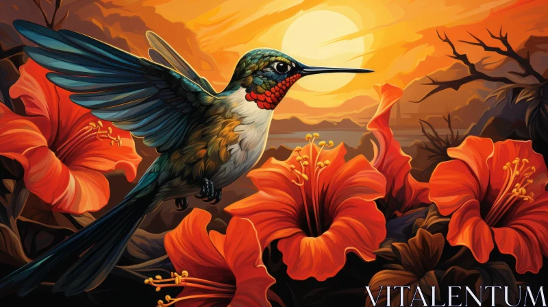 Hummingbird and Flowers at Sunset - Tropical Art AI Image
