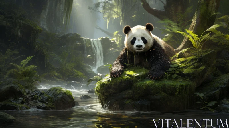 Panda in Jungle By Waterfall - Exquisite Wildlife Photography AI Image