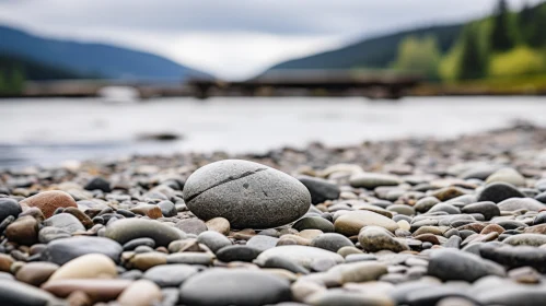 Solitary Rock on River Shore - A Moment of Tranquility