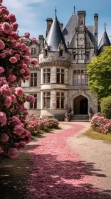 Vibrant Castle Surrounded by Pink Flowers in a Surrealistic Landscape