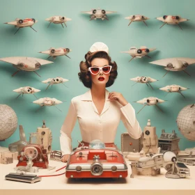 Vintage Woman Amidst Retro-Futuristic Gadgets