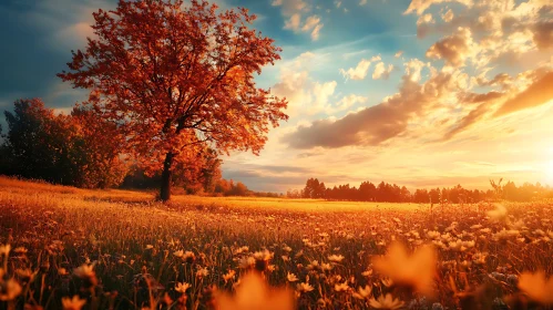 Autumnal Sunset Field Landscape