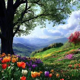 Colorful Tulips Field with Mountain Backdrop