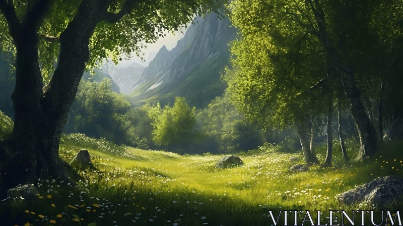 Idyllic Wildflower Meadow in Mountain Valley AI Image