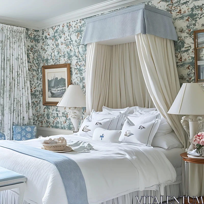 Tranquil Bedroom with Blue Accents and White Linens AI Image