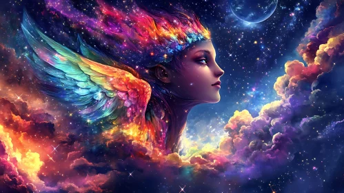 Rainbow Angel in Cosmic Dreamscape