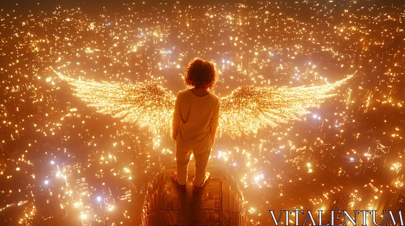 AI ART Child with Angel Wings Overlooking City