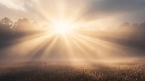 Misty Morning Sunbeams Over a Field