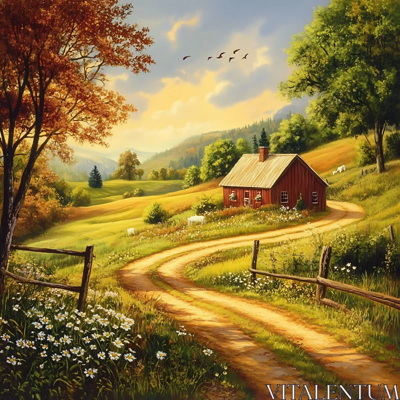 AI ART Idyllic Countryside Scene with Red Farmhouse