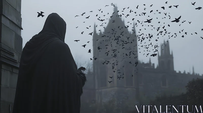 Cloaked Watcher and Birds Taking Flight AI Image