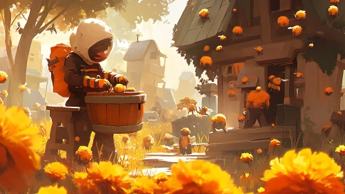 Golden Harvest: Astronaut in Floral Village