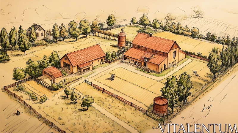 Rustic Farm Scene Hand-Drawn Artwork AI Image