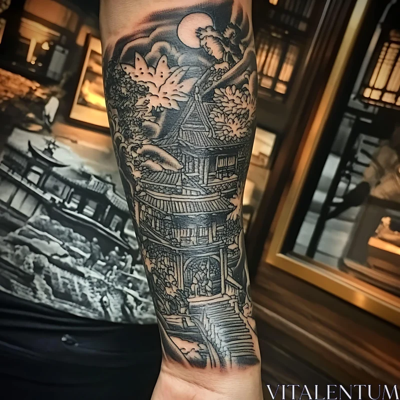 Forearm Tattoo of a Japanese Pagoda AI Image