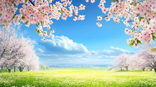 Pink Blossoms in Green Meadow