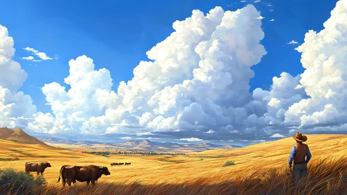 Pastoral Scene with Cows and Cloudy Sky