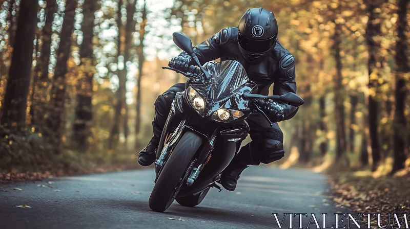 AI ART Biker on Motorcycle in the Autumn Forest