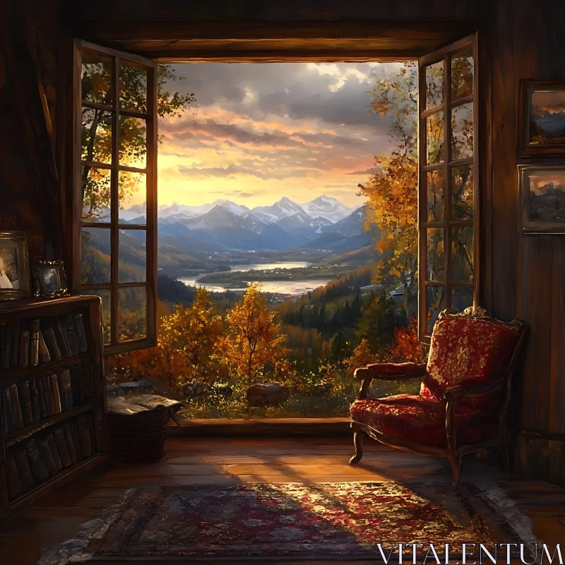 AI ART Scenic Mountain View Through Open Window