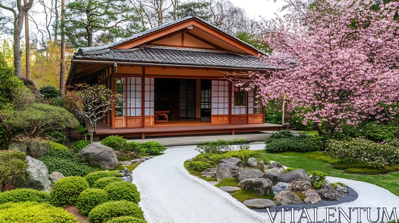 Zen Garden with Traditional House and Blossoms AI Image