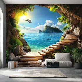 Tranquil Island Mural with Stone Steps