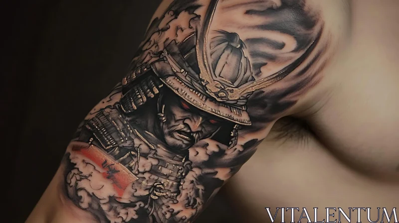 Fierce Samurai Tattoo with Cloud Background AI Image