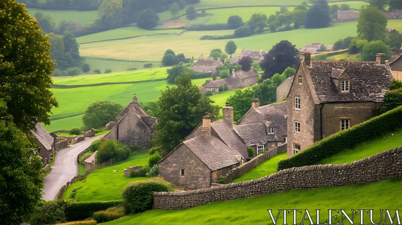 Tranquil Village Landscape with Green Fields AI Image