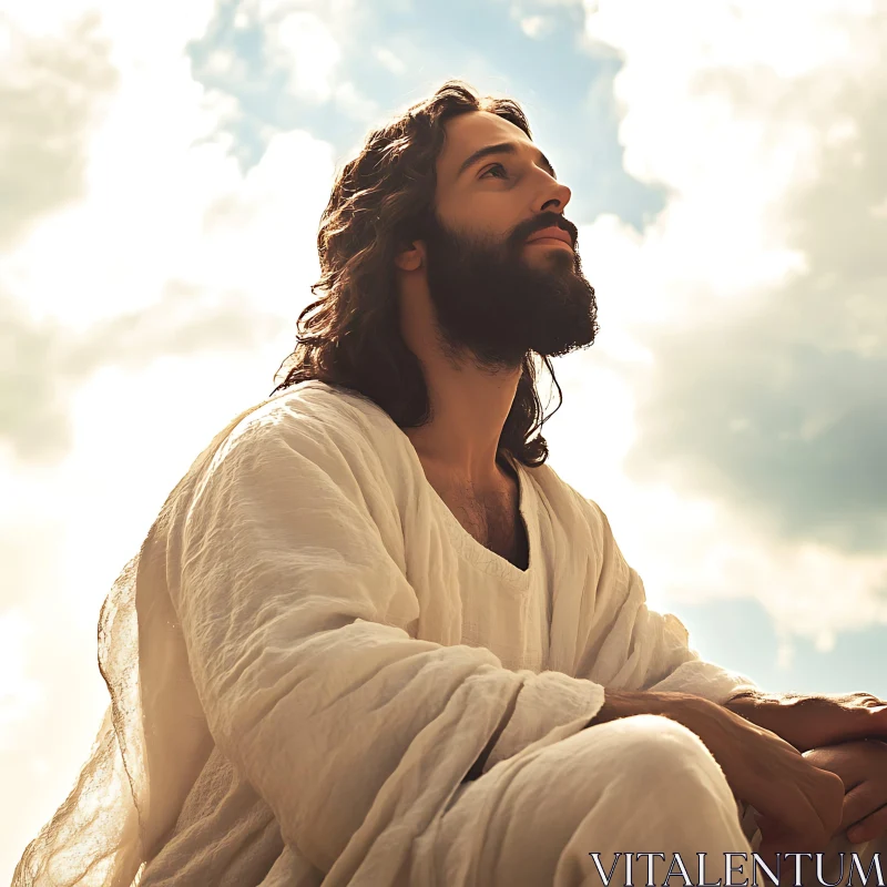 Man in White Robe Looking Upward AI Image