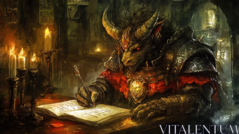 AI ART Armored Minotaur Writing by Candlelight