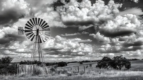 Black and White Windmill Landscape