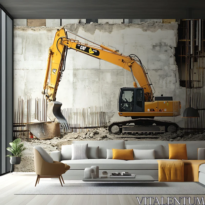 Industrial Excavator Inside Modern Living Space AI Image