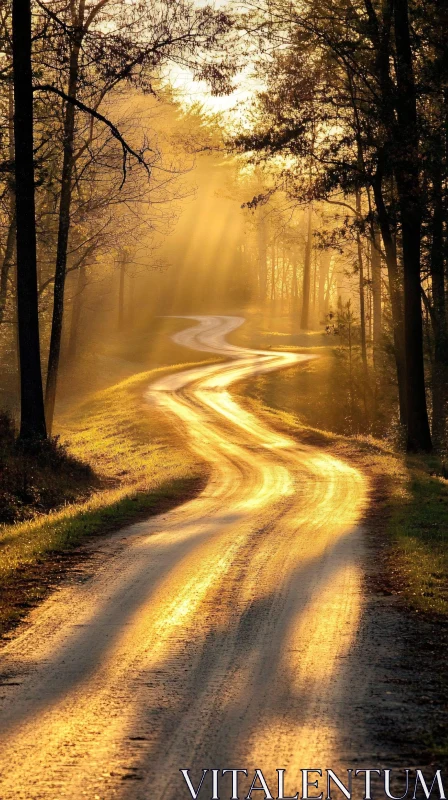 AI ART Golden Sun Rays on a Misty Forest Road