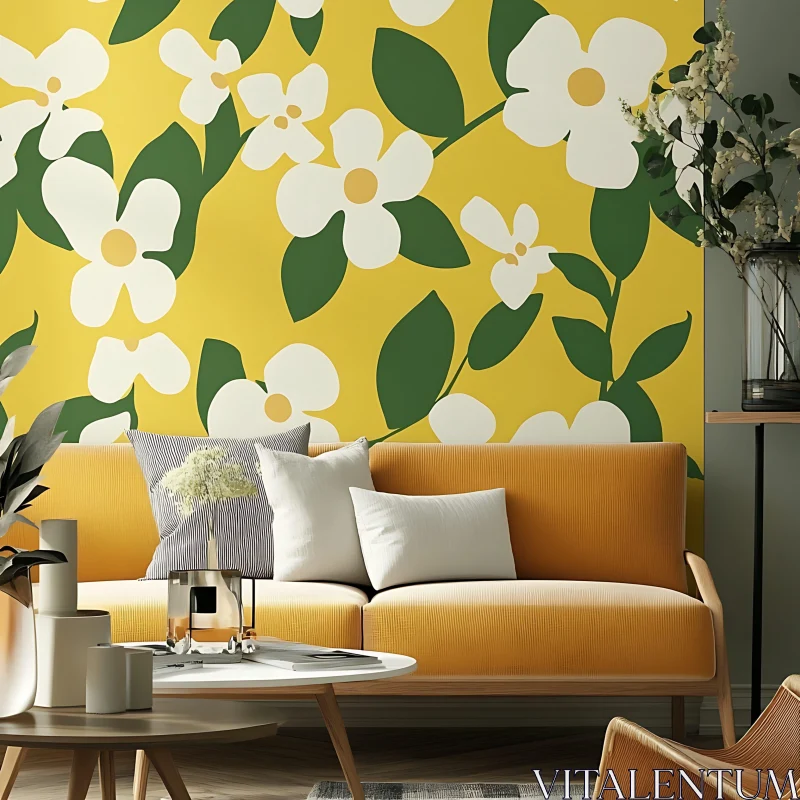 AI ART Cozy Interior with Floral Wallpaper