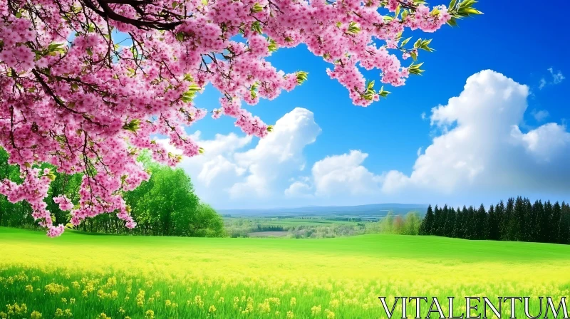 Spring Meadow with Pink Blossoms AI Image