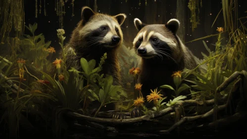 Enchanting Woodland Scene with Two Racoons in a Fantasy Setting