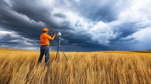 Man Photographing Storm in Golden Field