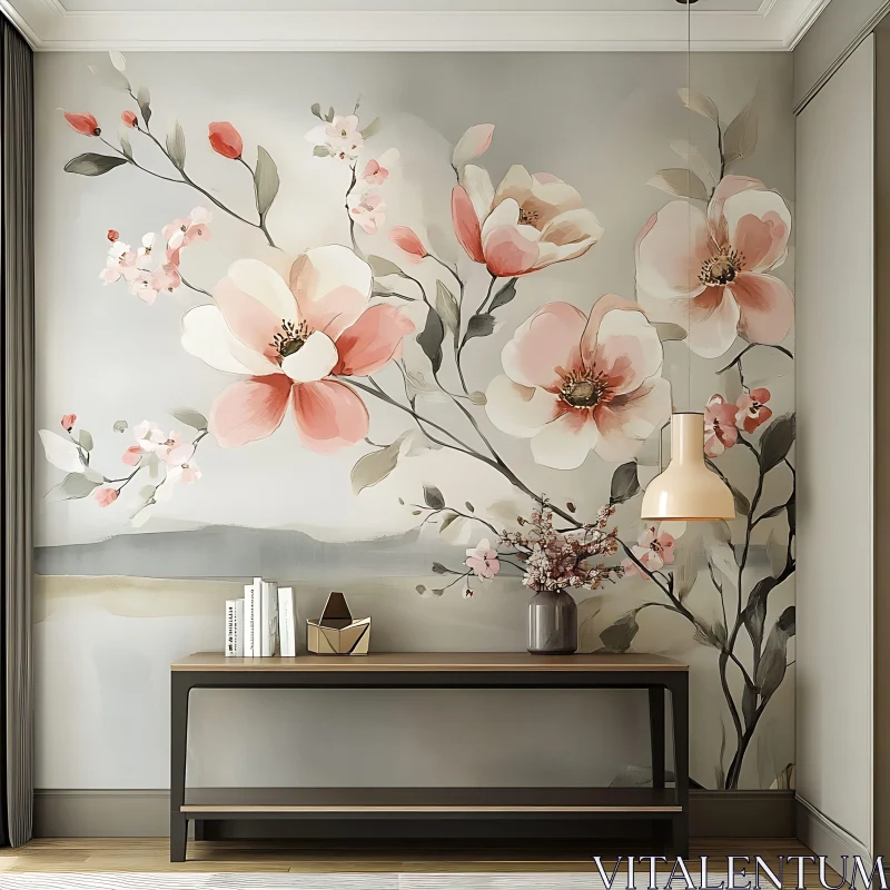 AI ART Tranquil Interior with Floral Wall Decor