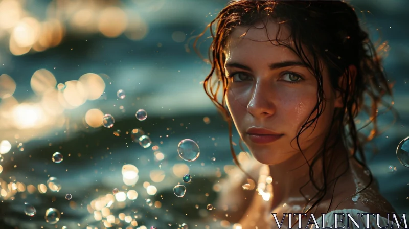 Serene Beauty: A Young Woman in Water with a Serious Expression AI Image