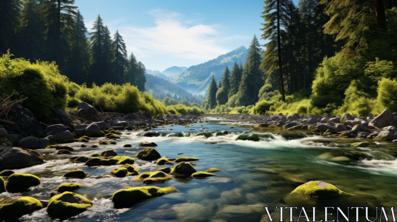 Sunlit River and Mountain Vistas: A Study of Pristine Naturalism AI Image