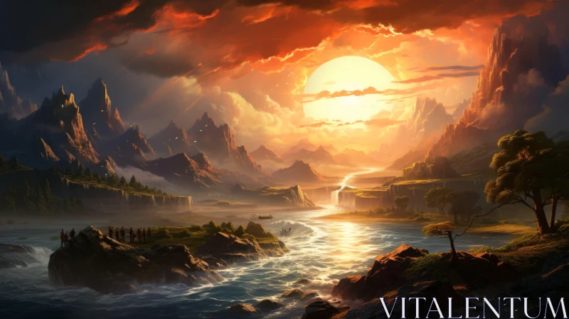 Sunset over Majestic Mountains and Tranquil Waters - Epic Fantasy Landscape Painting AI Image