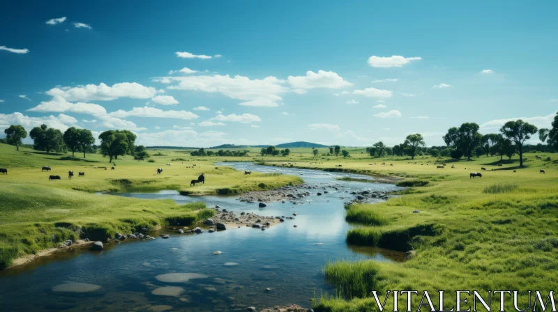 Tranquil River Flowing Through Green Meadow: Pastoral Imagery AI Image