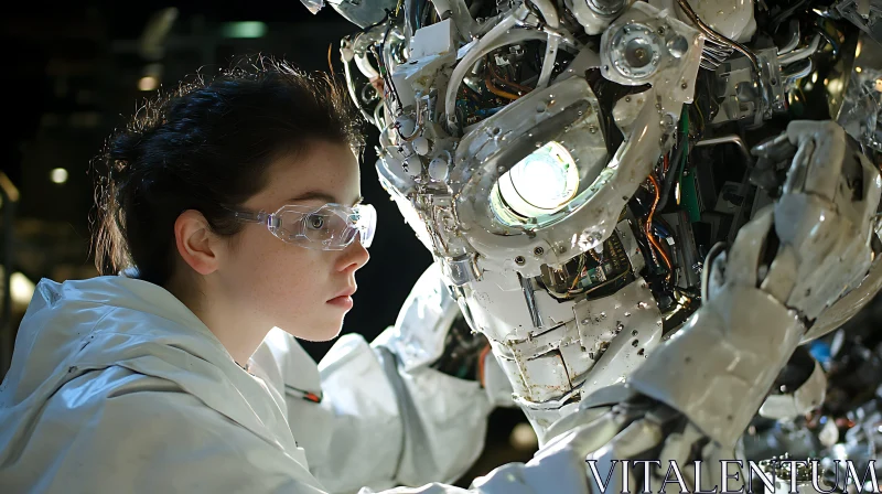 AI ART Cyborg head inspection by woman