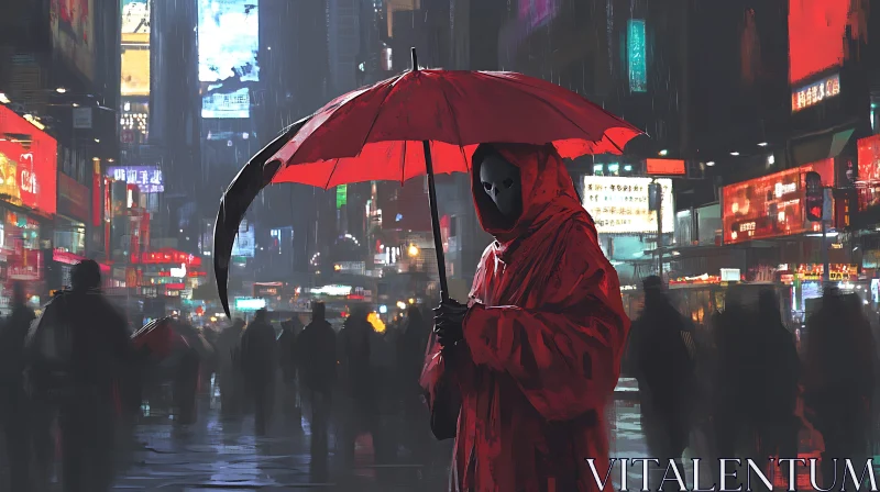 AI ART Red Cloak in Rainy City